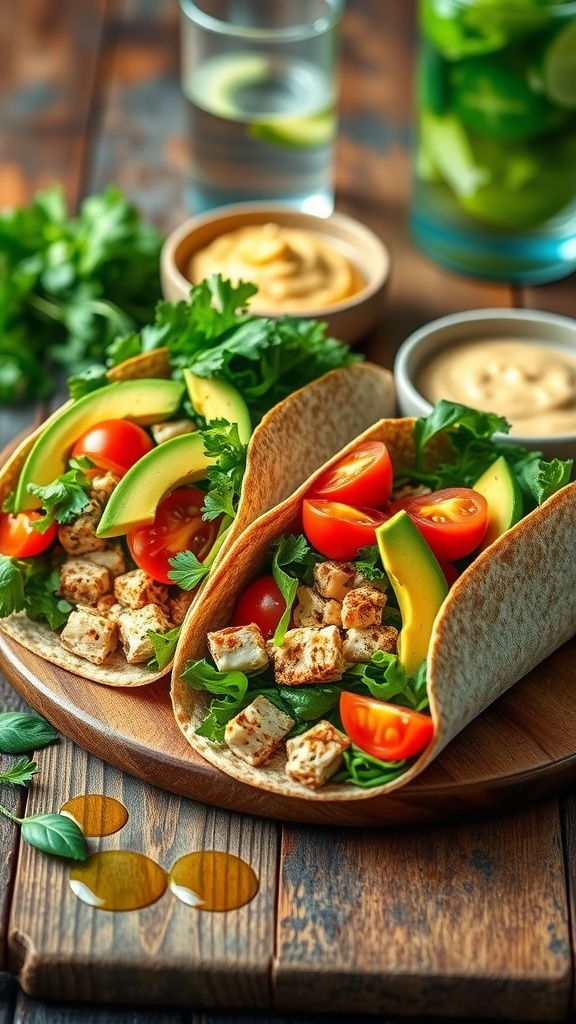 Two healthy whole grain wraps filled with greens, tomatoes, and tuna on a wooden table with a bowl of hummus.